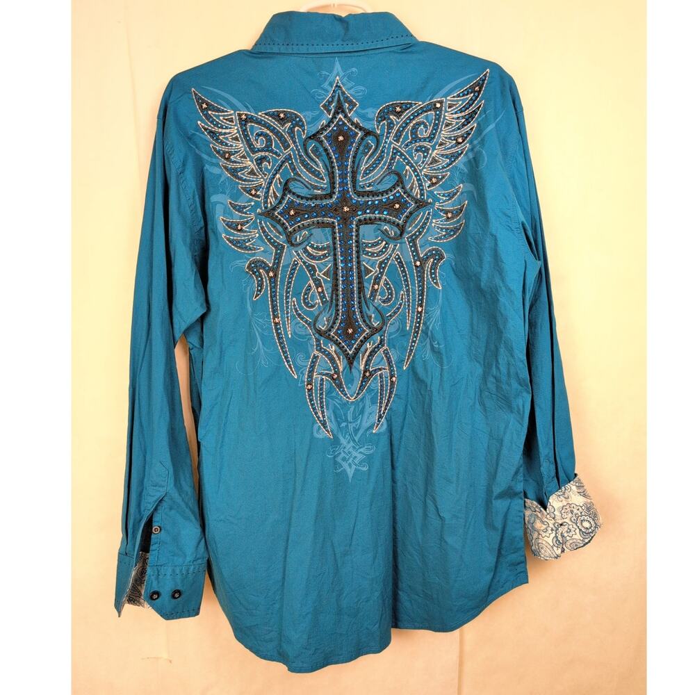 Victorious blue embroidered studded cross button up shirt Size L Rockabilly Y2K